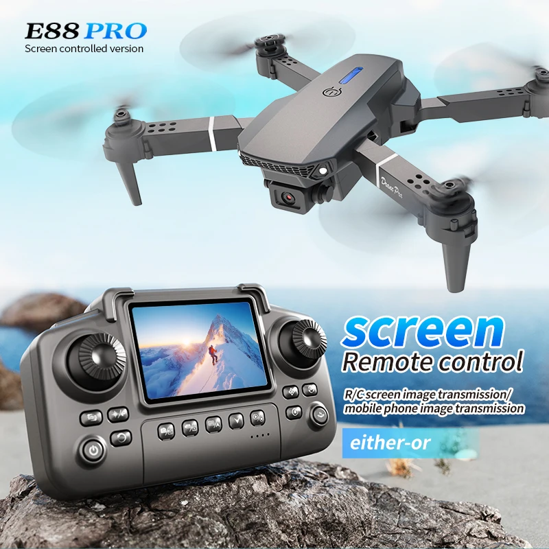 Drone Controller Screen - プロフェッショナルE88 PROドローン、スクリーン付き8K HDカメラ、WiFi FPV、折りたたみ式RCクアッドコプター、子供と大人向けのアウトドアギフト
